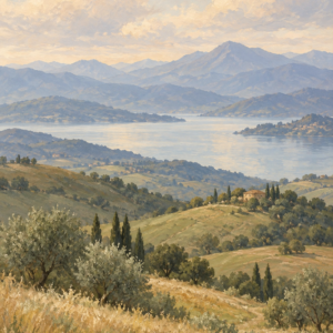 Obra ficticia de prueba: paisaje de montañas, lago y colinas.