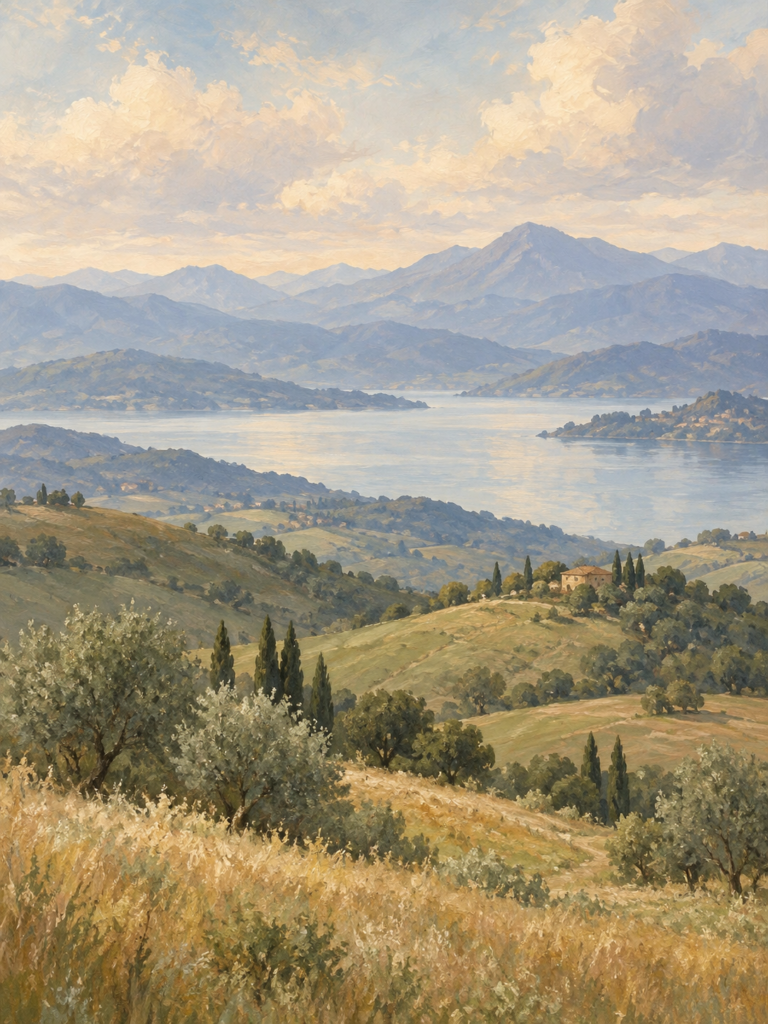 Obra ficticia de prueba: paisaje de montañas, lago y colinas.
