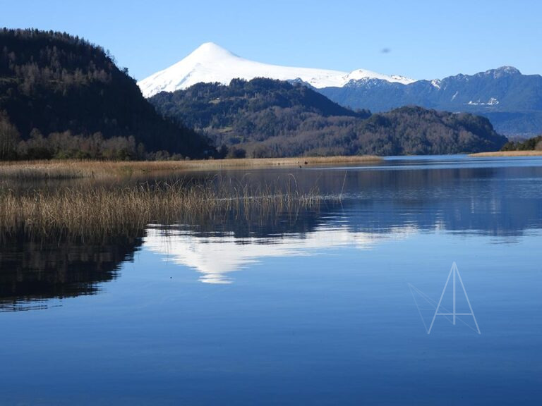 volcan nevado reflejado en lago con juncos 8.47x6.35cm a300ppp DSCN0278